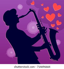 Jazz saxophone player. Saxophonist musician on romantic background with hearts. Vector Illustration