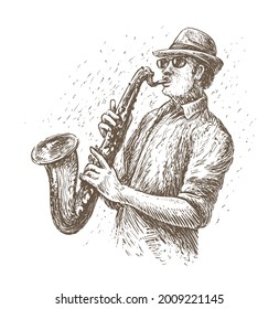 Jazz-Saxophonspieler im Skizzenstil. Musikkonzept, Vintage, Vektorgrafik