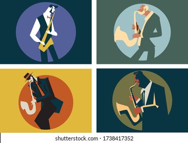 Jazz saxophone player vector illustration. Jazz music players with trumpet, saxophone vector illustration poster