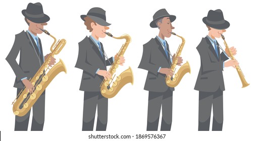 Jazz saxophone players in black suits and hats performing on isolated white background. Performing with baritone, tenor, alto, soprano saxophone. Vector illustration in flat cartoon style.