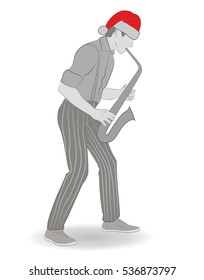 jazz saxophonist in the hat of Santa Claus. Happy New Year and Merry Christmas. vector illustration.