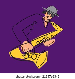  Jazz saxophonist, line art. Expressive Illustration of saxophone player, continuous line drawing design on violet background. Vector available.