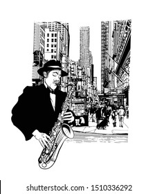 Saxofonista de jazz en Nueva York - ilustración vectorial (ideal para imprimir sobre tela o papel, póster o papel tapiz, decoración de la casa)
