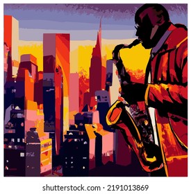 Jazz saxophonist in New York - vector illustration (Ideal for printing on fabric or paper, poster or wallpaper, house decoration)
