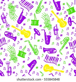 Jazz seamless pattern. Mardi gras colors. 