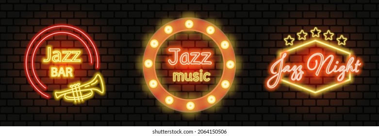 Jazz Set Neon Vector. Neon sign, Logo, Brilliant Banner, Bright Night Advertising for your projects on Jazz Music. Live music