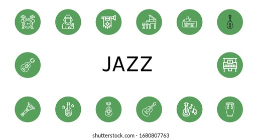 jazz simple icons set. Contains such icons as Drum set, Musician, Trumpet, Grand piano, Piano, Guitar, Acoustic guitar, Conga, can be used for web, mobile and logo