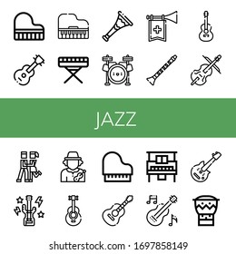 jazz simple icons set. Contains such icons as Grand piano, Guitar, Piano, Trumpet, Drum set, Clarinet, Cello, Foxtrot, Bass guitar, Musician, can be used for web, mobile and logo