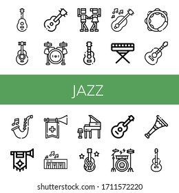 jazz simple icons set. Contains such icons as Guitar, Acoustic guitar, Drum set, Waltz, Piano, Tambourine, Saxophone, Trumpet, Grand piano, can be used for web, mobile and logo