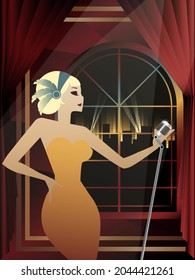Cantante de jazz en el fondo de una ventana con una ciudad nocturna, 1922
0, art deco
