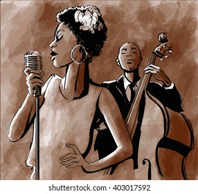 Jazz singer and double-bass - Vector illustration