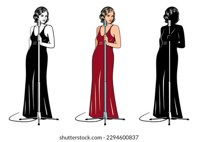 Jazz Singer Girl in Retro Style. Outline, Color and Silhouette cliparts isolated on white.