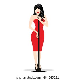 Jazz singer isolated on white background. Vector jazz woman in sexy red dress.