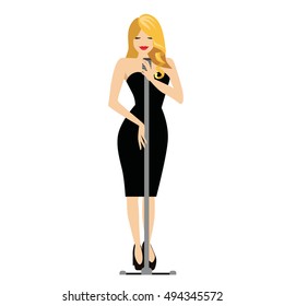 Jazz singer isolated on white background. Vector jazz woman in sexy black dress.