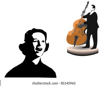 Jazz singer and a man with a contrabass on a white background performing the song