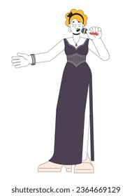 Jazz singer with microphone line cartoon flat illustration. Caucasian adult woman mic vocalist 2D lineart character isolated on white background. Vintage female musician scene vector color image