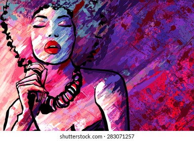 Jazz singer with microphone on grunge background - Vector illustration