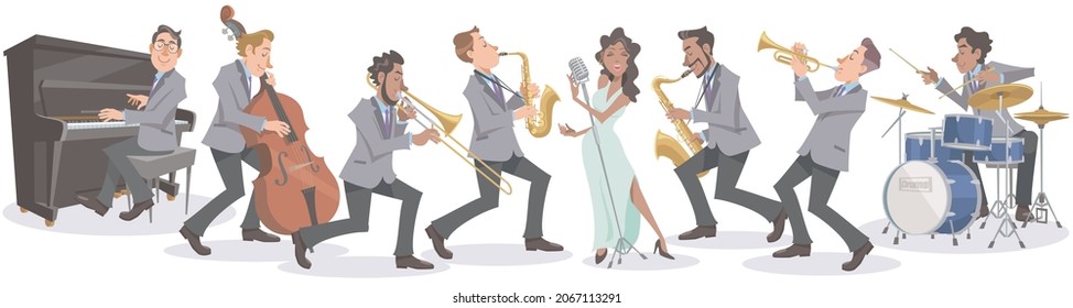 Jazz singer and musicians performing enthusiastically on isolated white background. Playing with musical instruments and vocal. Vector illustration in flat cartoon style.
