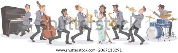 Jazz singer and\
musicians performing enthusiastically on isolated white background.\
Playing with musical instruments and vocal. Vector illustration in\
flat cartoon style.