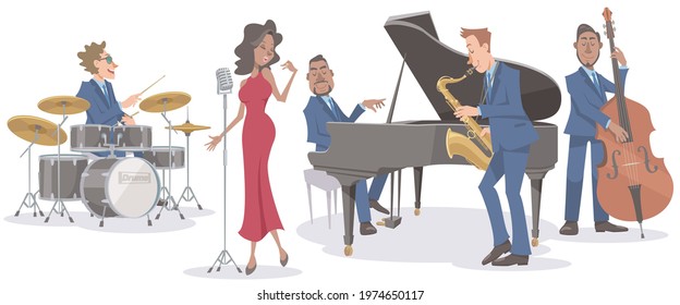 Jazz singer and musicians performing on isolated white background. Playing with piano, tenor saxophone, double bass, drums, and vocal. Vector illustration in flat cartoon style.