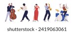 Jazz singer and musicians set. Music players playing, performing on drums, saxophone, double bass, trumpet instruments, singing at microphone. Flat vector illustrations isolated on white background