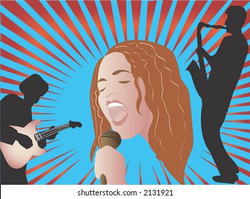 jazz singer with saxophone and guitar players on a blue background with light rays