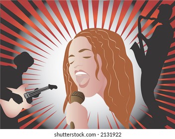 jazz singer with saxophone and guitar players on a gray background with light rays