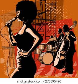 Jazz singer with saxophonist and double-bass player - Vector illustration