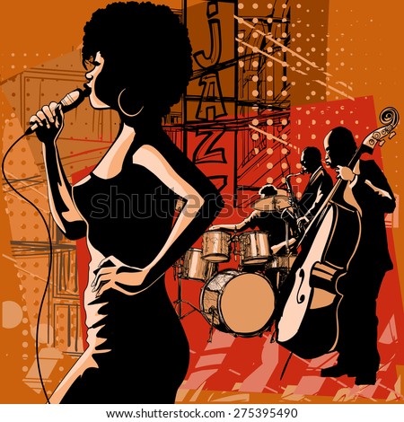 Jazz singer with saxophonist and double-bass player - Vector illustration