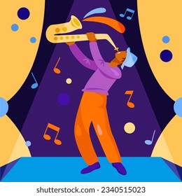 Jazz stylish musician playing saxophone on stage. Concept of creating music, hobby. Musicians playing on different instruments. Flat vector illustration in cartoon style svg
