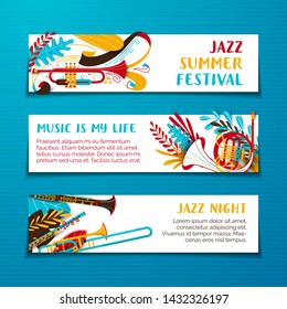 Jazz summer festival hand drawn vector banner template set. Colorful musical event invitation poster. Brass instruments cartoon sketch. Colored, vibrantusic performance flyer with copyspace