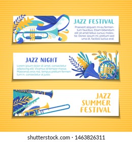 Jazz summer festival vector hand drawn banner templates set. Musical concert, performance poster. Brass instrument cartoon illustration. Music night colorful, vibrant flyers with copyspace