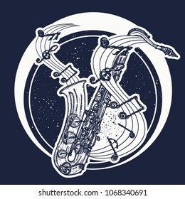 Jazz tattoo and t-shirt design. Saxophone and music notes 