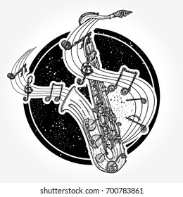 Jazz tattoo and t-shirt design. Saxophone and music notes 