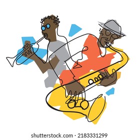 
 Jazz theme with black men, trumpet player and saxophonist.
 Expressive Illustration of two jazz musicians, continuous line drawing design. Isolated on white background. Vector available.