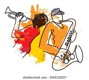
Jazz Theme With Trumpet Player And Saxophonist.
Expressive Illustration Of Two Jazz Musicians,  Continuous Line Drawing Design. Vector Available.