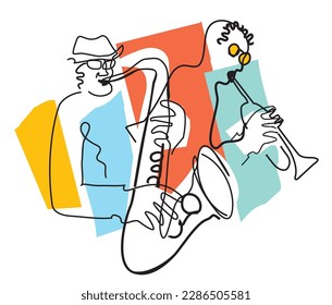 Jazz theme, trumpet player and saxophonist, line artstylized.
Expressive Illustration of two jazz musicians, continuous line drawing design. Isolated on white background. Vector available.