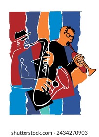 Jazz-Thema, Trompeter und Saxophonist,.
 Ausdrucksstarke farbenfrohe Illustration zweier Jazzmusiker. Isoliert auf zerrissenem Papierhintergrund. Vektor verfügbar.