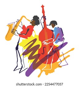
 Jazz theme,Contrabass musician and saxophonist.
 Expressive Illustration of two jazz musicians. Isolated on white background. Vector available.
