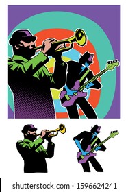 Jazz themed set, jazz festival poster concept, two jazz musicians, jazz trumpeter and bass player, isolated on white background.