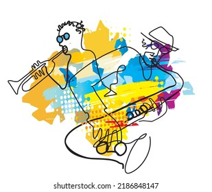 
Jazz theme,expressive drawing, trumpet player and saxophonist. 
Expressive Illustration of two jazz musicians, continuous line drawing design. Isolated on white background. Vector available.