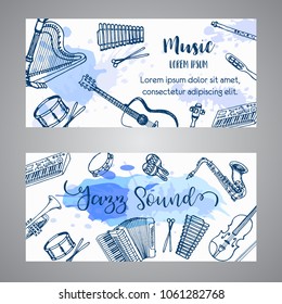 Jazz Tickets Music Instruments, banner design. Hand drawn drum, piaono, violin, guitar and saxophone on paint splashes.