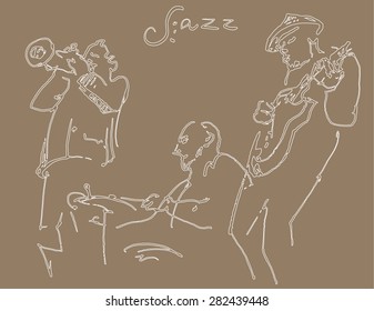 Jazz trio musicians, white silhouettes.