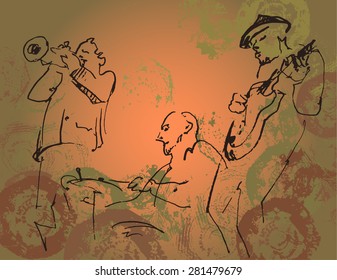 Jazz trio silhouettes on the color background with texture. 