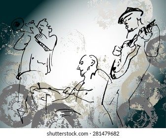 Jazz trio silhouettes on the color background with texture. 