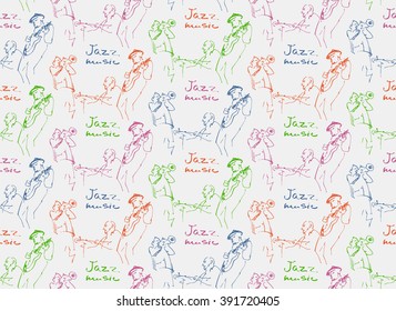 Jazz trio silhouettes seamless pattern.