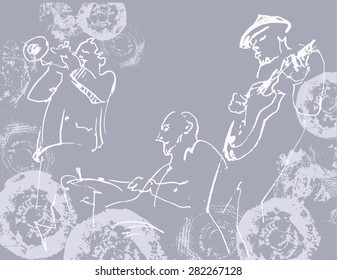 Jazz trio white silhouettes on the gray grunge background with texture.