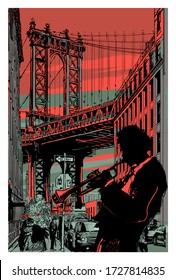 jazz trumpet player in brooklyn - vector illustration (Ideal for printing on fabric or paper, poster or wallpaper, house decoration) 