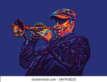 Jazz trumpet player in a cap jazz musician  abstract style color illustration festival poster 