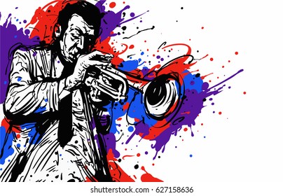 Reproductor de trompeta de jazz con salpicaduras de color. ilustración vectorial del afiche de jazz.